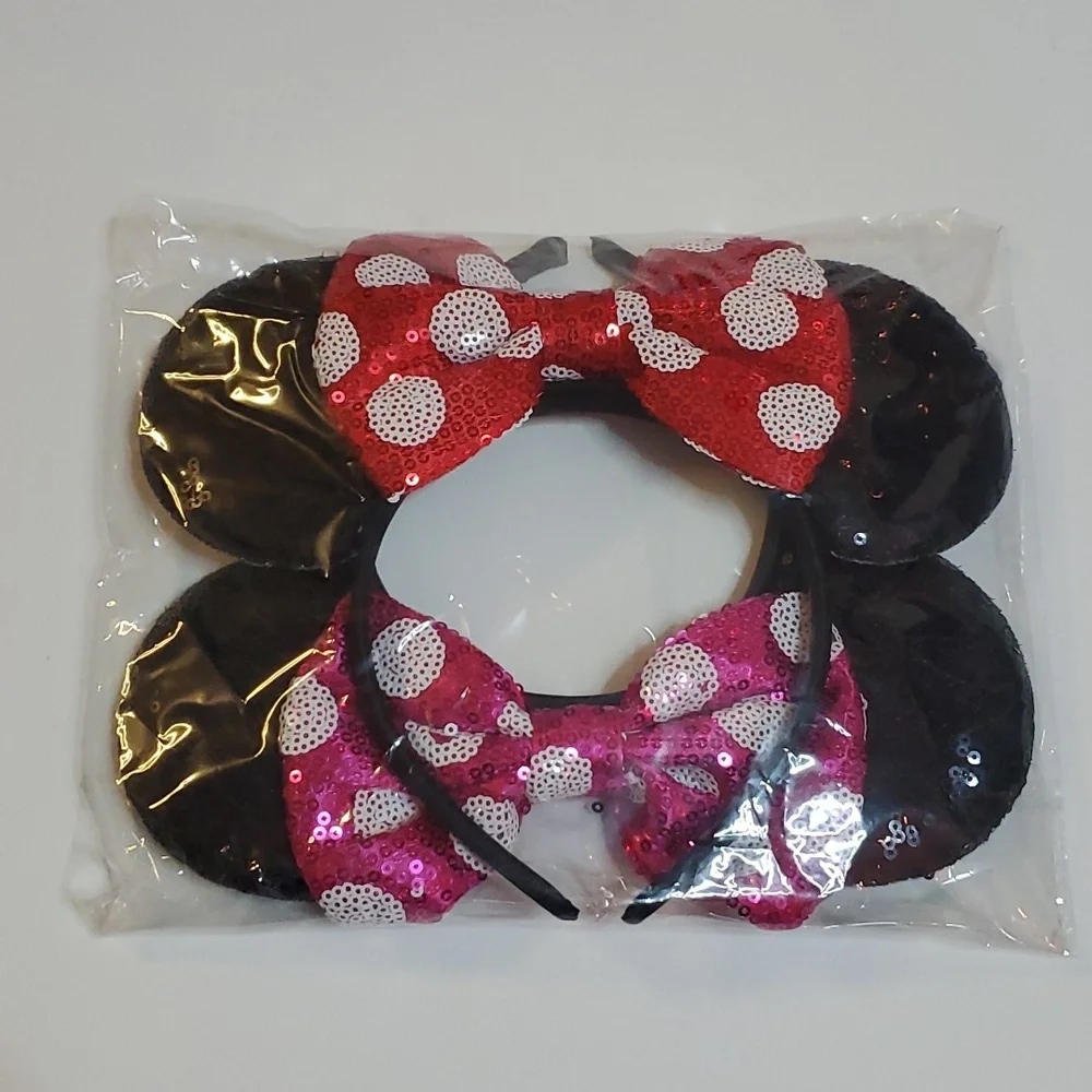 Brand New 2 Mouse Ears Headbands Shiny Sequins Party.
